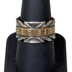 Vintage Signed ESM Sterling Silver & 14k Gold Native American Band Ring Size 8